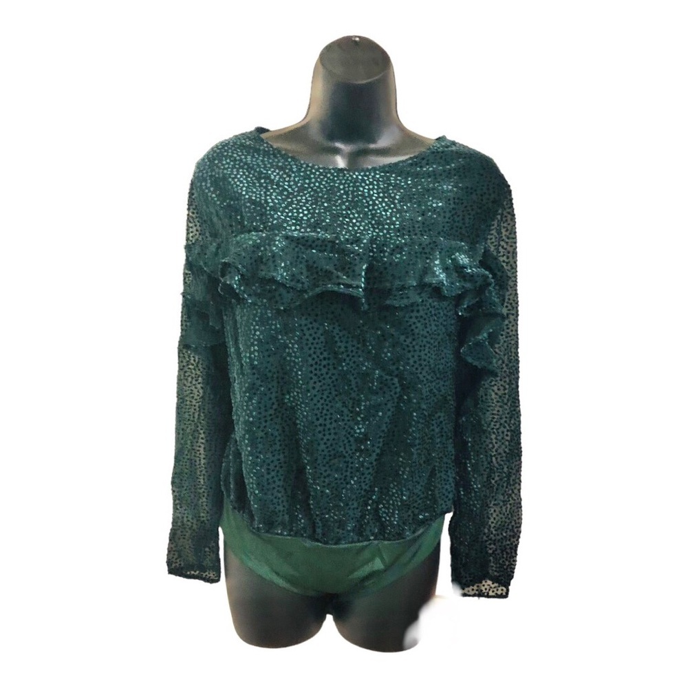 ASTR the label forest green sheer ruffle front dotted long sleeve bodysuit sizeL
